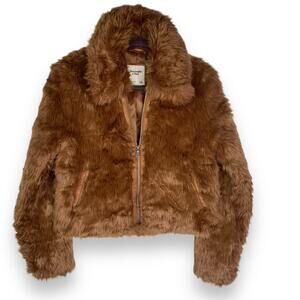 Abercrombie & Fitch Zip Up Faux Fur Coat Jacket Brown Teddy Bear Size Small